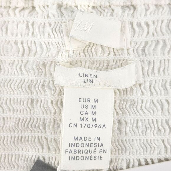 H&M Linen Crop Top Cami Women Size Medium Off White Tie Shoulder Straps Smocked - Picture 3 of 6